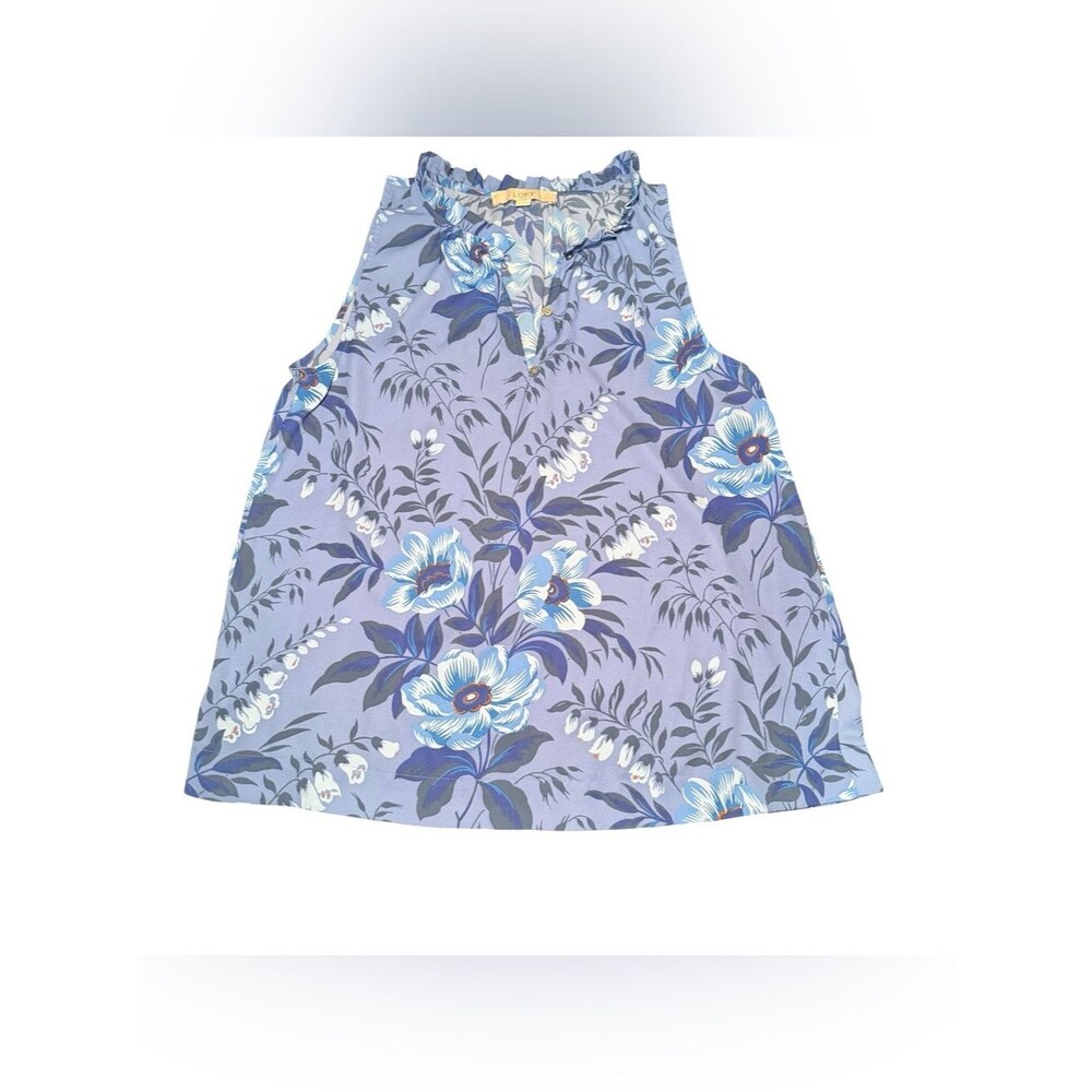Loft Blue Floral Sleeveless Ruffled Neck Blouse Women's Size S Polyester